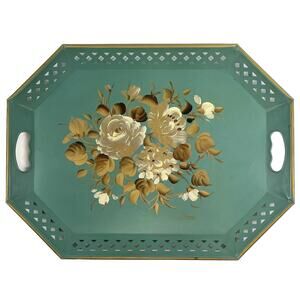 VTG Hand Painted Metal Floral Tray Tole Nashco New York 20” Teal Cream Gold